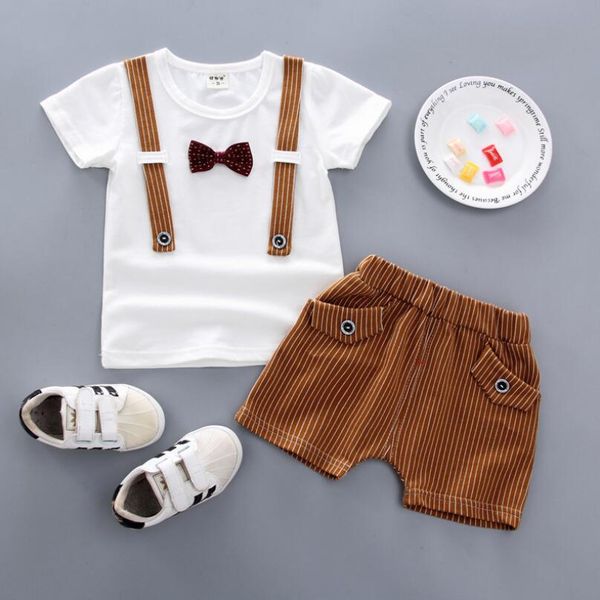 toddler boys clothing set summer brand cotton children clothes sets gentleman bowknot t-shirt+casual shorts suit baby outfits, White
